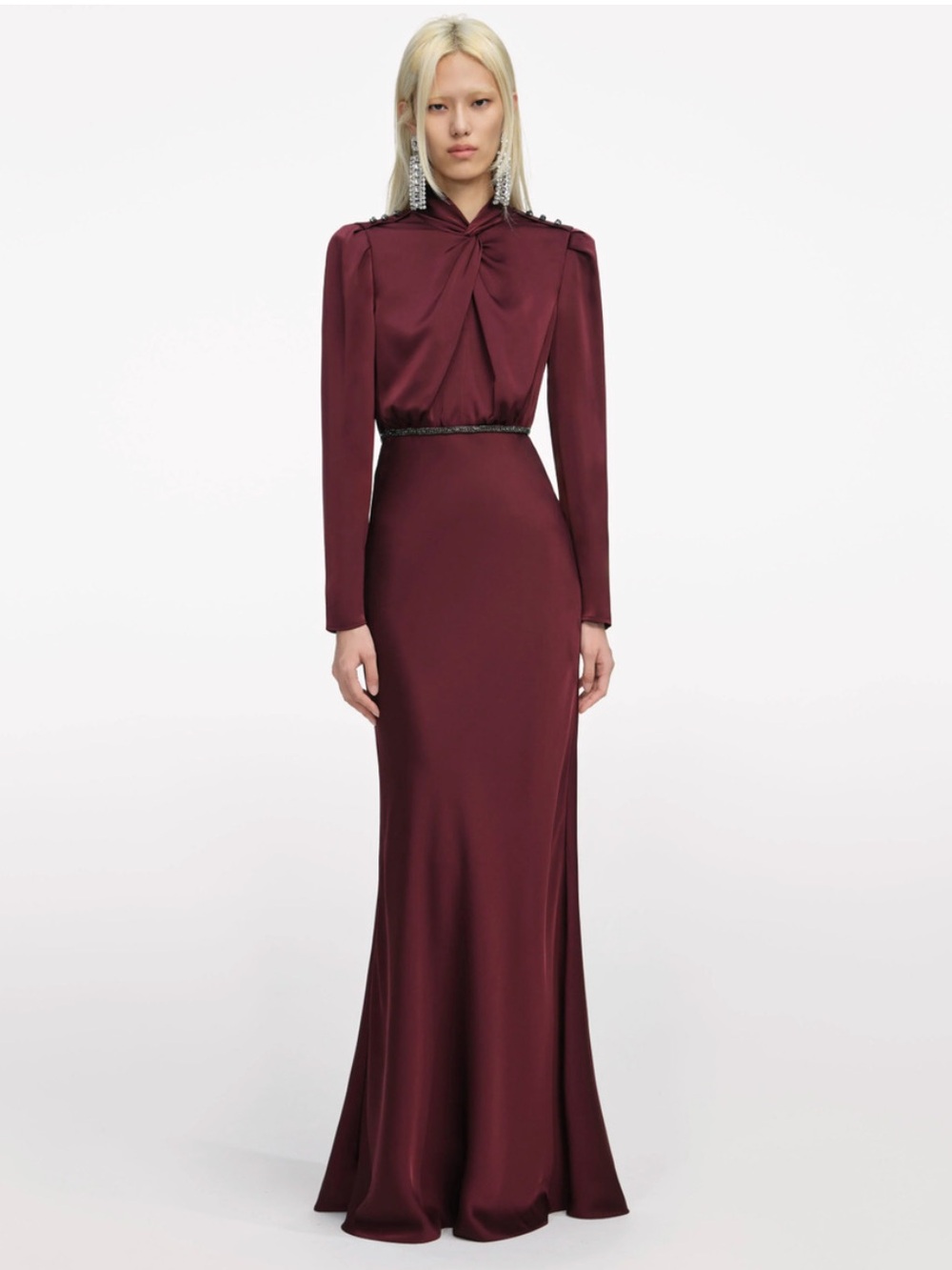 SOLD SOLD Self-Portrait Burgundy Satin Long-Sleeve Twist-Neck Gown